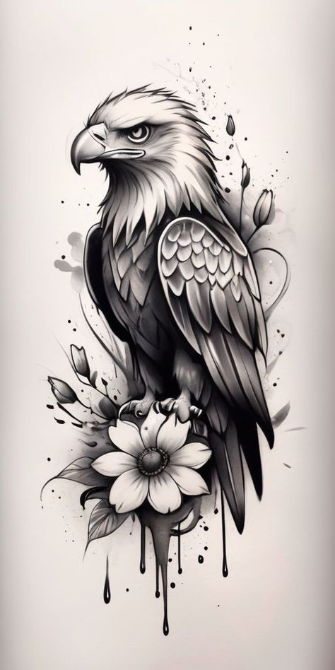 Eagle Tattoo Design For Women, Falcon Hand Tattoo, Owl And Eagle Tattoo, Eagle Woman Tattoo, Eagle Shoulder Tattoos For Women, Leg Tattoos Animals, Eagle Thigh Tattoo For Women, Eagle Flower Tattoo, Hawk Tattoos For Women