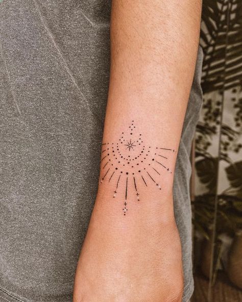 Fineline Sparkle Tattoo, Sparkle Wrist Tattoo, Ornamental Fineline Tattoo, Fine Line Sunburst Tattoo, Fine Line Ornamental Wrist Tattoo, Wrist Ornamental Tattoo, Fineline Star Tattoo Design, Ornamental Wrist Tattoo, Fine Line Wrist Tattoo