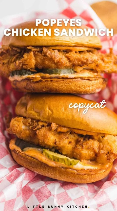 This Homemade Popeye’s Chicken Sandwich is a crispy, savory, fried chicken cutlet on a buttery brioche bun, topped with spicy mayo and tangy pickles. Popeyes Spicy Chicken Sandwich, Spicy Chicken Sandwich Recipe, Chicken Breast Sandwich Recipes, Chicken Sandwich Sauce, Popeyes Food, Sandwich Alternatives, Popeyes Chicken Sandwich, Chicken Breast Sandwich, Spicy Chicken Sandwich