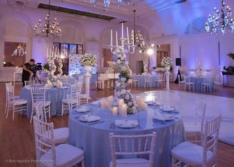 Quinceanera Decorations Light Blue, Light Blue Venue Quince, Light Blue Quinceanera Ideas, Sweet 16 Cinderella Theme, Sweet 16 Venues, Quinceañera Decor, Blue Quinceanera Theme, Quinceanera Venue, Quinceanera Blue