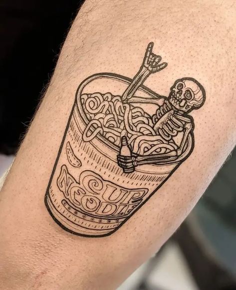 Cup Of Noodles Tattoo, Food Animal Tattoo, Soup Bowl Tattoo, Chinese Takeout Tattoo, Funny Food Tattoos, Foodie Tattoos Ideas, Japanese Food Tattoo, Ramen Tattoo Design, Ramen Tattoo Simple