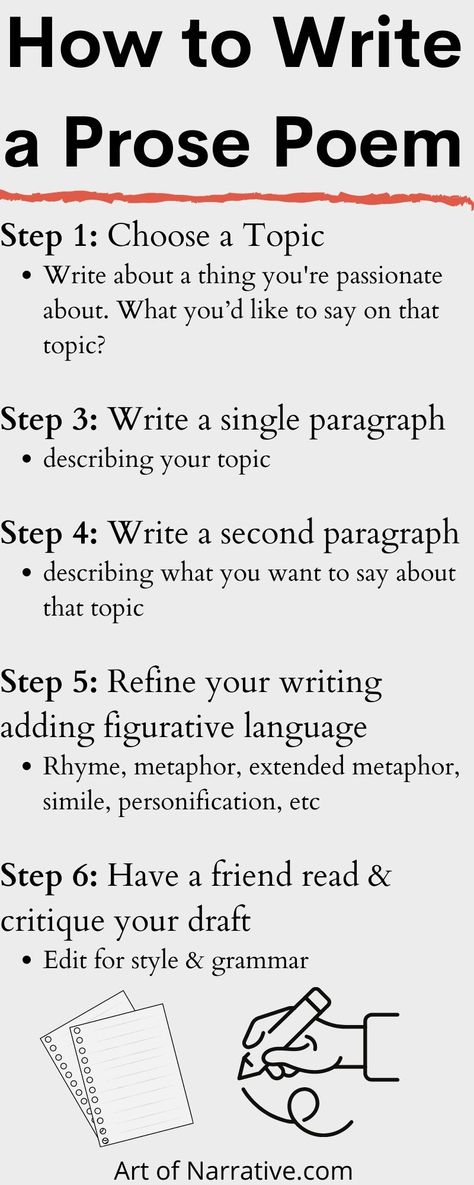 Step 1: Choose a Topic 

Write about a thing you’re passionate about
Step 2: Decide on a theme 

what you’d like to say on that topic 
Step 3: Write a single paragraph 

describing your topic
Step 4: Write a second paragraph 

describing what you want to say about that topic
Step 5:  Refine your writing adding figurative language 

Rhyme, metaphor, extended metaphor, simile, personification, etc
Step 6: Have a friend read & critique your draft

Edit for style & grammar Tips For Writing Poetry, Elements Of Poetry, Poem Writing Prompts, Narrative Poetry, How To Write Better, Writing Prompts Poetry, Write A Poem, Prose Poem, Poetry Prompts