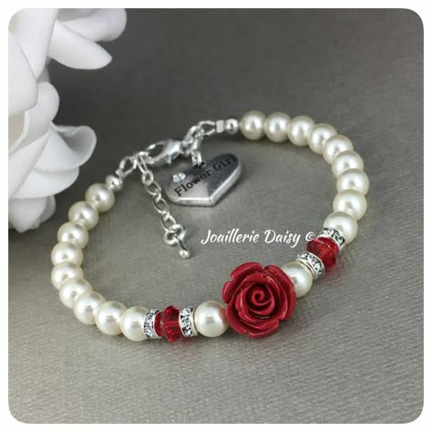 Red Flower Girl, Unique Beaded Bracelet, قلادات متدلية, Flower Girl Jewelry, Valentines Bracelets, Flower Girl Bracelets, Girl Bracelet, Bracelet Flower, Gift Flower