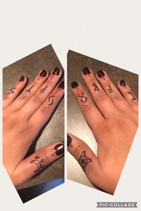 Celtic Rune finger tattoos ❤️🔮🙌🏽 #witchyvibes Rune Knuckle Tattoo, Irish Finger Tattoos For Women, Runic Finger Tattoos, Finger Tattoos Runes, Rune Tattoo Finger, Finger Rune Tattoo, Rune Finger Tattoos For Women, Celtic Hand Tattoos For Women, Rune Hand Tattoos For Women