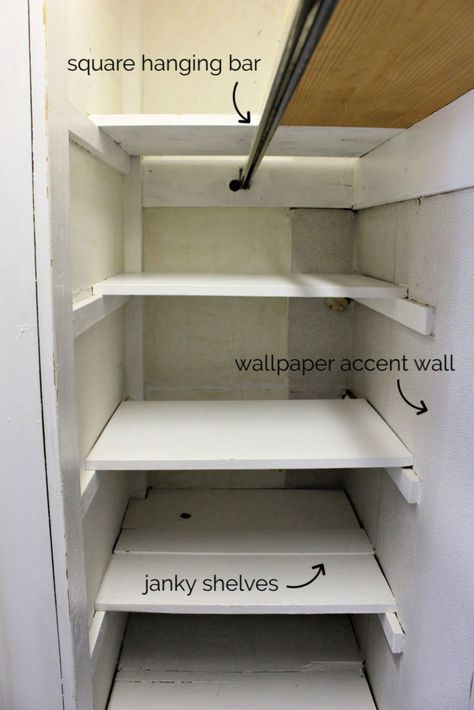 A DIY tutorial to build shelves in a hall linen closet. Tackle that messy, disorganized space with fresh paint and new shelves. How To Organize A Deep Linen Closet, Long Narrow Closet Shelves, Linen Closet Pull Out Shelves, Organize Deep Closet Shelves, Small Hallway Closet Organization Ideas, Small Linen Closet Shelving Ideas, Closet To Shelf Conversion, Organizing Deep Linen Closet Shelves, Closet Bookshelf Conversion