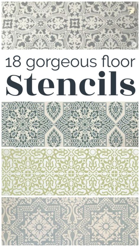 18 floor stencils that are going to look amazing on your floors. Great floor stencils for stenciling wood, concrete, and tile floors. Plus tips for stenciling your own floor with great results. Stenciled Concrete Floor Front Porches, Stencil Patterns For Floors, Stencils For Concrete Floors Patio, Floor Stencils Patterns Diy, Concrete Floor Stencil Ideas, Stenciled Front Steps, Stenciled Concrete Floor Indoor, Floor Stencil Patterns Paint Concrete, Stenciled Bathroom Floor