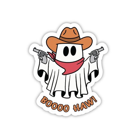 Boo Haw Cowboy Ghost Sticker! Perfect to give out for Halloween, or put on water bottles, laptops, cars, and more!  Materials: Printed on waterproof sticker paper and sealed with a glossy laminate.  Dimensions: 3 x 2.5 inches Finish: Glossy * This sticker is water-resistant, durable, and weatherproof. Hand washing is highly recommended. * I do bulk and custom orders! Message me for pricing. Thank you for supporting my shop! Follow my Instagram @JasmineTreeDesign for shop updates! Cowboy Stickers Westerns, Ghost Cowboy Tattoo, Stickers Western, Cowboy Stickers, Ghost Cowboy, Western Ghost, Cowboy Halloween, Cowboy Tattoos, Cowboy Ghost