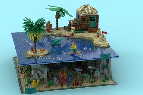 Lego Beach, Lego Diy, Lego Activities, Underwater Scene, Lego Craft, Beach Date, Fair Projects, Lego Bricks, I Love The Beach