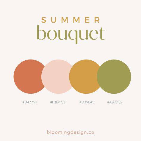 This bright, funky palette is the inspiration for a bold website template. The warm colors are bright and eye-catching, and the green grounds the palette. It reminds me of a beautiful summer bouquet. #summer #warm #colors #pink #yellow Bright Minimalist Color Palette, 70s Spring Color Palette, Pink And Mustard Color Palette, Warm Bright Color Palette, Funky Colour Palette, Eye Catching Color Palette, Colors That Go With Pink, Funky Palette, Four Color Palette