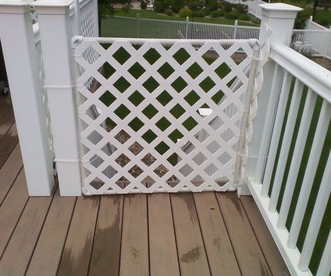 Had to close off my deck to make safe for granddaughter and pets. Used 3/4" pvc, 90 degree elbows, zip ties and plastic lattice panel.Didn't glue the pvc - used the zip ties to connect the lattice to the simple square frame, and after putting some lattice on "hinge" side to prevent rubbing, used long zip ties to make hinges. Does not swing feely but works. Used clam clips to close it - they connected to zip ties on main post.Photo #1 shows simple corners wi... Outdoor Pet Gate, Lattice Gate, Deck Gates, Pvc Gate, Backyard Dog Area, Patio Gates, Diy Dog Gate, Diy Gate, Plastic Lattice