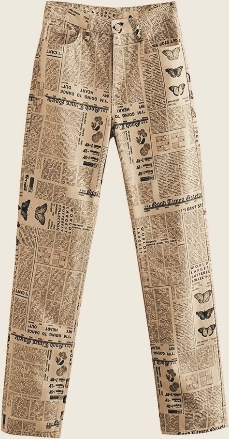 Newspaper Pants, Fashion Newspaper, Newspaper Fashion, Patchwork Trousers, Trousers White, Button Pants, Straight Fit Denim, Newspaper Print, Eras Tour Outfit