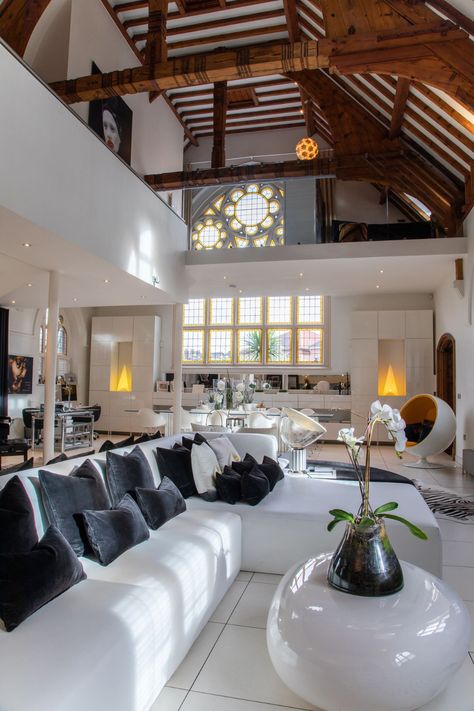 White Leather Sofa, Chapel Conversion, Glamorous Home, Converted Church, Church Conversions, White Leather Sofas, Farm Plans, Industrial Living, The Wall Street Journal