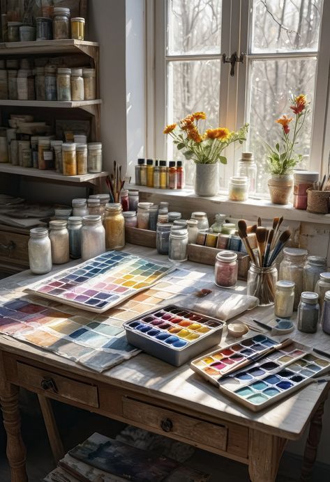 Painting Aesthetic Gouache, Artist Studio Interior Design, Art Equipment Aesthetic, Fine Artist Aesthetic, Artist Career Aesthetic, Watercolor Artist Aesthetic, Drawing Aesthetic Hobby, Art Tools Aesthetic, Painting Tools Aesthetic