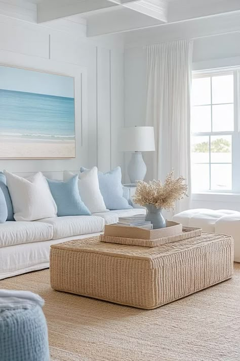 "Transform your home with a Modern Coastal Living Room! 🌊🛋️ Embrace the soothing colors of the sea and chic, breezy decor for a serene retreat. 🌟✨ #CoastalLiving #ModernDecor #BeachVibes" Coastal Modern Beach House, New England Coastal Living Room, Coastal Sunroom Ideas, Modern Coastal Apartment, Modern Coastal Decor Living Room, Traditional Coastal Living Room, Beach House Family Room, Beach House Inspiration, Coastal Modern Living Room