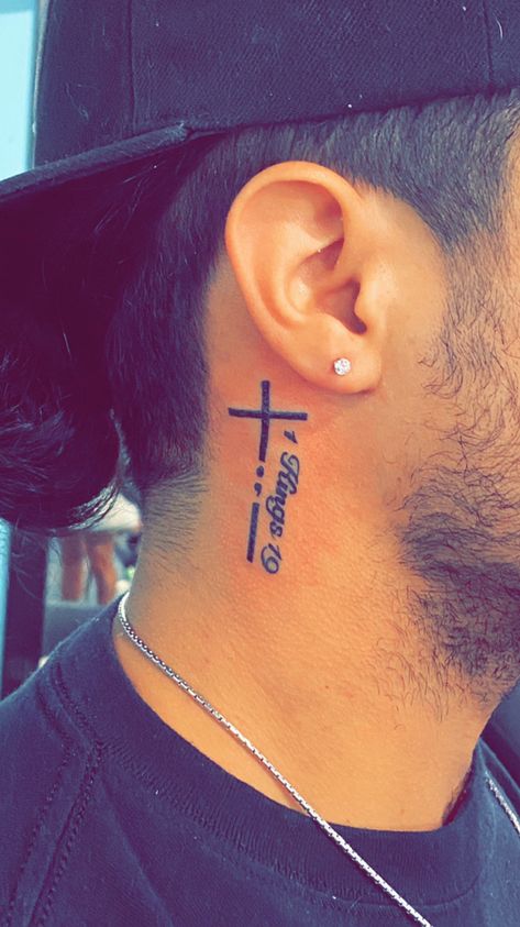 Guy Behind Ear Tattoo, Christian Neck Tattoos For Men, Neck Tattoo For Guys Small Words, Men’s Tattoo Behind Ear, Tattoos Behind The Ear For Men, Cross Tattoos For Men Neck, Under Ear Tattoo Men, Behind The Ear Tattoo Ideas For Men Guys, God Neck Tattoo