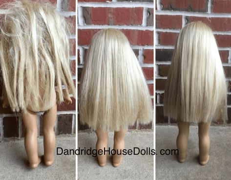 Restoring Doll Hair Tutorial – Dandridge House Dolls American Girl Doll Hair Care, Doll Hair Tutorial, Doll Hair Detangler, Doll Hair Repair, Fix Doll Hair, Doll Restoration, Baby Doll Hair, American Girl Hairstyles, Diy Doll Hair