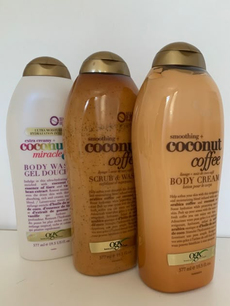 Coffee fragrance, coconut fragrance, coffee lotion, vanilla body wash, ogx Coconut Vanilla Body Lotion, Ogx Body Wash And Lotion, Coconut Coffee Body Cream, Vanilla Body Wash Aesthetic, Vanilla And Coconut Body Care, Coconut Coffee Body Wash, Vanilla Shower Products, Aesthetic Body Wash, Ogx Body Wash