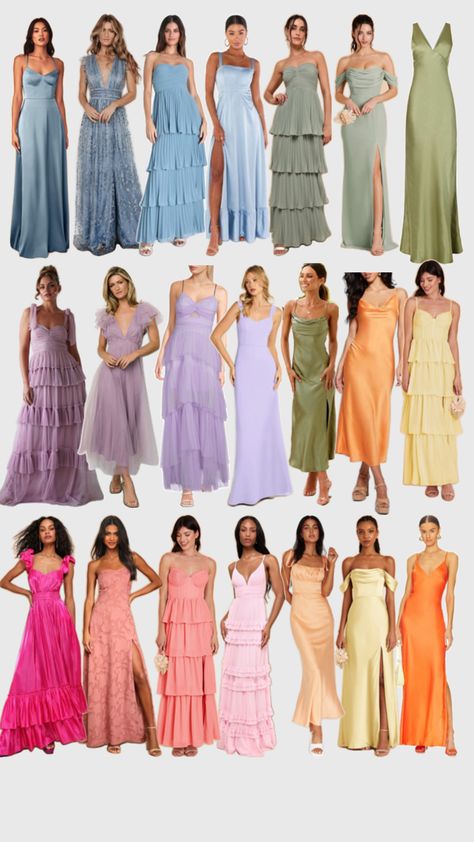 Garden Theme Wedding Bridesmaid Dresses, Same Color Different Texture Bridesmaid, Bridesmaid Color Scheme Spring, Mix Match Pastel Bridesmaid Dresses, Colorful Wedding Outfit Guest, Pastel Wedding Guest Dress Code, Rainbow Bridesmaid Dresses Color Schemes, Wedding Guest Attire Guide Dress Codes, Beach Wedding Guest Color Palette