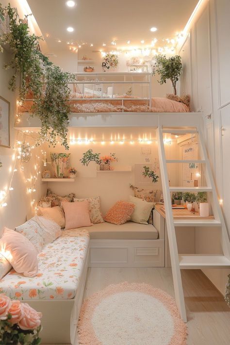 Bedroom Inspirations Korean Style, Bookshelf Loft Bed Diy, Kids Girl Bedroom Ideas, Room Makeover Inspo Aesthetic, Cute Room Furniture, Rooms With 2 Beds, Korean Aesthetic Room Decor, Room Ideas For 2 Sisters, Bedroom For Girls Ideas