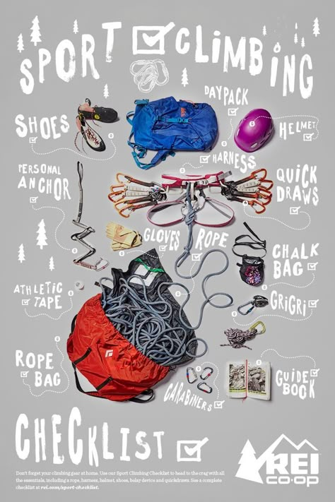 Don’t forget your climbing gear at home. Use our Sport Climbing Checklist to head to the crag with all the essentials, including a rope, harness, helmet, shoes, belay device and quickdraws. Click the pin to see a complete checklist. Rock Climbing Workout, Climbing Tips, Climbing Technique, Climbing Knots, Climbing Outfit Woman, Climbing Outfits, Climbing Workout, Climbing Training, Belay Devices