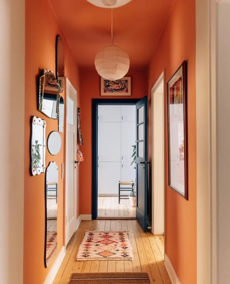 Your Colourful Home | Welcome home 😍 Hallways that makes you feel welcome 🫶 @look_good_in_blue @house_in_oslo @vibbenygaard @ingrid_oni Photo… | Instagram Orange Colour Interior Design, Orange Hallway Ideas, Orange Wall Paint, Hall Colours, Hallway Colour Ideas, Long Hallway Ideas, Orange Entryway, Orange Interior Design, Hall Color