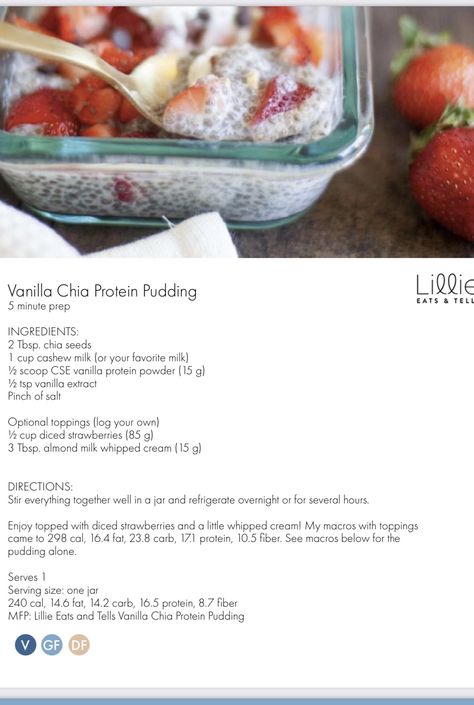 Chia Seed Pudding Macros, Chia Pudding Macros, Almond Milk Whipped Cream, Oatmeal Cereal, Protein Pudding, Food Motivation, Cashew Milk, Chia Seed Pudding, Vanilla Protein Powder