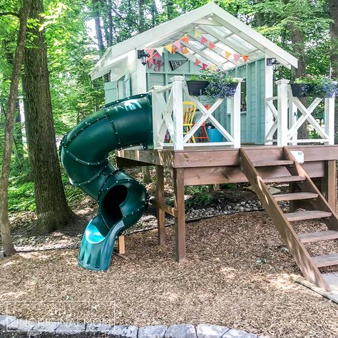 Handmade Hideaway, Wooded Backyard, Playhouse Design, Backyard Fort, Playhouse With Slide, Take More Photos, Play Area Backyard, Backyard Kids Play Area, Tree House Diy