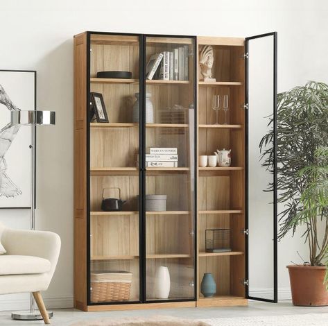 Scandinavian Bookshelves, Glass Bookshelves, Display Cabinet Modern, Solid Oak Sideboard, Oak Display Cabinet, Solid Oak Coffee Table, Bookcase With Drawers, Bookcase Cabinet, Wooden Bookshelf