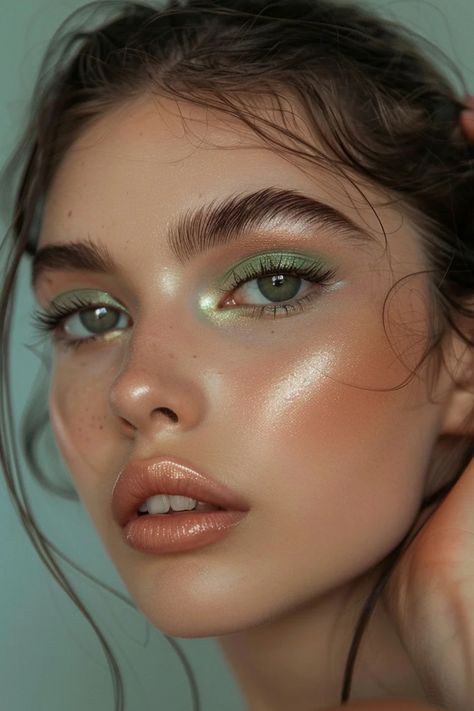 Green Eye Natural Makeup Looks, Glowy Green Makeup, Makeup For Green Eyes Fair Skin, Best Makeup Looks For Green Eyes, Summer Makeup Looks Colorful, Soft Glam Green Eyeshadow, Fairy Makeup Looks Green, Fun Green Makeup, Soft Green Eye Makeup