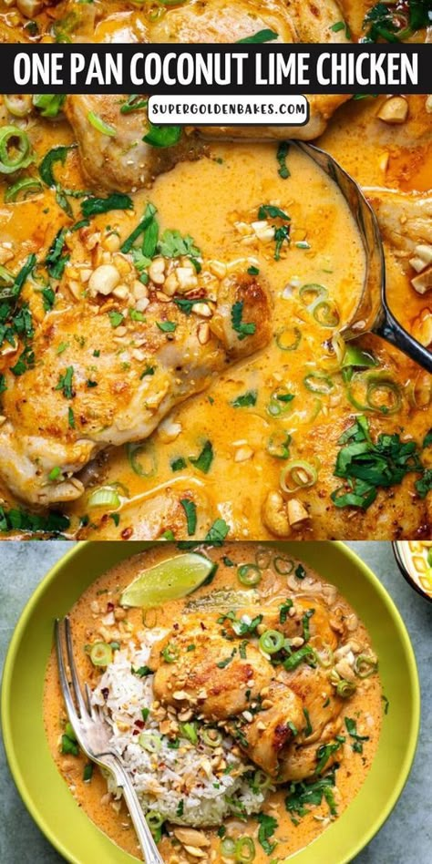 This creamy, zesty and delicious one pan Coconut Lime Chicken cooks in just 30 minutes! Skinless and boneless chicken thighs are first pan seared then braised in coconut milk until tender and packed with flavor. Chicken Thigh Casserole, Healthy Chicken Thigh Recipes, Chicken Thighs Dinner, Coconut Milk Chicken, Coconut Lime Chicken, Braised Chicken Thighs, Chicken Recipes Boneless, Recipe Using Chicken, Coconut Milk Recipes