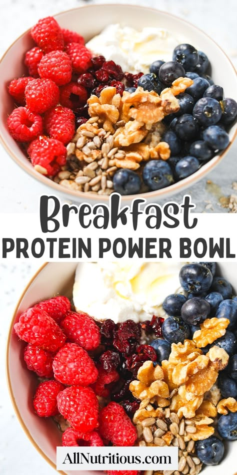 Fresh berries take this high protein breakfast to a whole new level. You can easily make this high protein breakfast power bowl in just a few minutes to have a nutritious and delicious healthy breakfast ready this morning. Healthy Breakfast On The Go Clean Eating, Healthy Plate Breakfast, Veggie Heavy Breakfast, 35g Protein Breakfast, Morning Protein Breakfast, Whole Food Breakfast Ideas Clean Eating, Healthy Protein Meals Breakfast, High Protein Egg Free Breakfast, Keto High Protein Breakfast