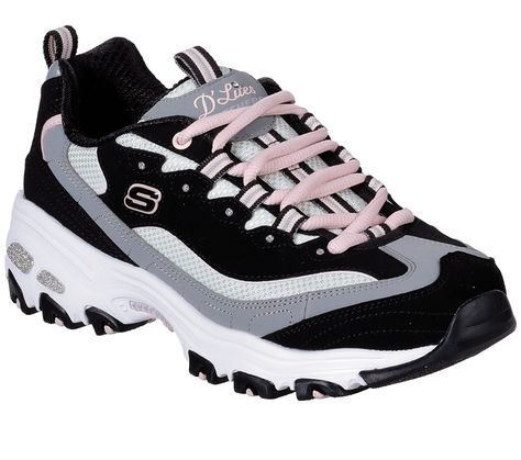 Skechers Store, Skechers D Lites, Cute Sneakers, Sporty Casual, Fabric Shoes, Skechers Women, Skechers Shoes, Sneakers Black, Types Of Shoes