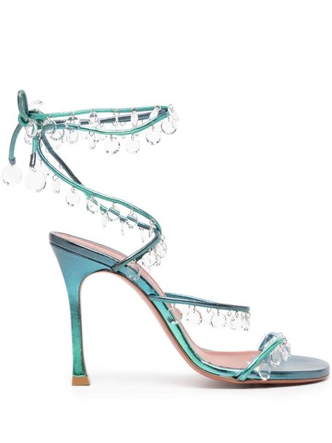 turquoise blue-green calf leather metallic effect ombré effect crystal embellishment open toe single toe strap tie-fastening ankle strap 105mm stiletto heel branded leather insole leather outsole Mermaid Shoes High Heels, Seashell Heels, Ocean Heels, Water Heels, Mermaid Sandals, Turquoise High Heels, Mermaid Heels, How To Style A Maxi Dress, Turquoise Heels