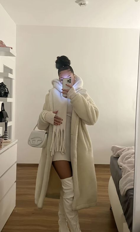 Winter Coffee Outfit, Uhh Boots Outfit, Christmas Party Outfits Baddie, Winter Holiday Outfits Cold Weather, Badiee Outfit Girl, Long Combat Boots Outfit, Winter Outfits Fur Coat, Shark Boot Outfit, Overdressed Outfits Party