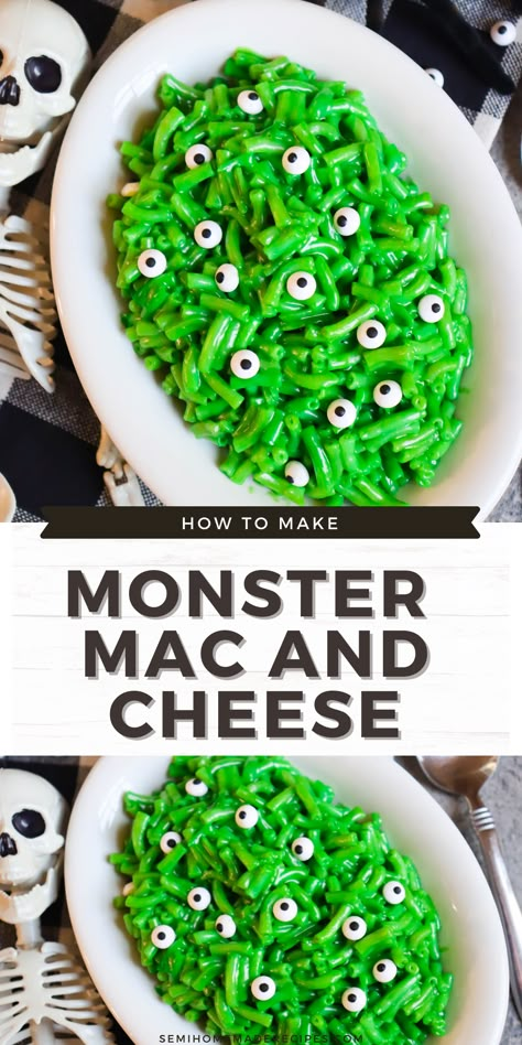 Monster Mac and Cheese - a semi homemade, fun and savory Halloween recipe using macaroni and cheese, green food coloring and candy eyes! This Monster Mac and cheese is the perfect Halloween lunch or Halloween dinner! Toxic Mac And Cheese Halloween, Halloween Themed Toddler Food, Food To Bring To A Halloween Party, Boo Day Party Food, Monster Mac And Cheese, Simple Halloween Treats For Kids, Halloween Mac N Cheese, Halloween Dinner Kids, Mac And Cheese Halloween