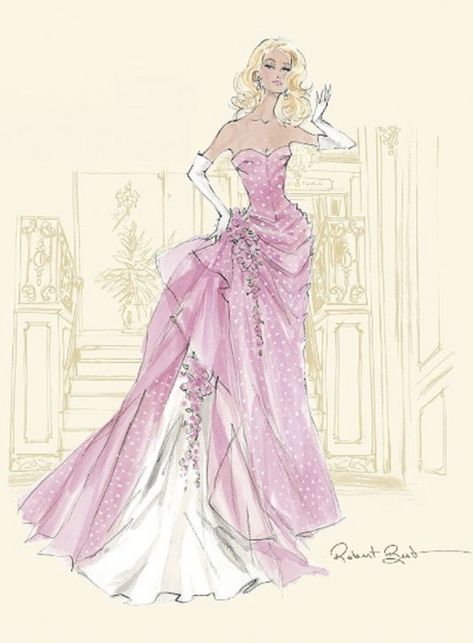 Robert Best Barbie Illustration, Vintage Barbie Sketches, Barbie Dress Sketch, Vintage Barbie Fashion Sketches, Vintage Dress Design Sketches, Barbie Fashion Illustration, Robert Best Barbie Sketches, How To Draw Barbie, Pink Dress Sketch