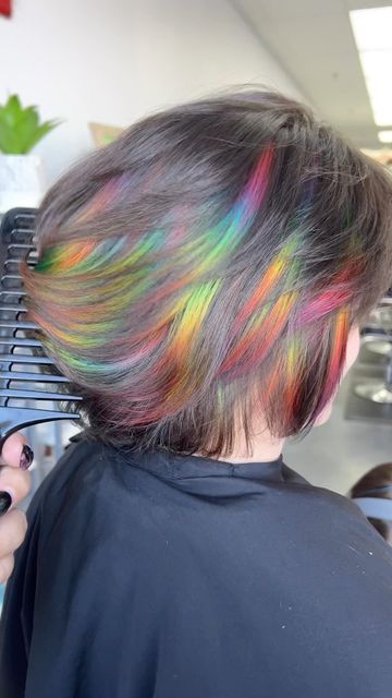 Ribbon Hair Color, Prism Highlights Black Hair, Iridescent Black Hair, Prism Highlights Hair, Rainbow Highlights Short Hair, Prism Highlights Brown Hair, Prism Hair Color Short, Short Hair Rainbow Color, Rainbow Dyed Hair Underneath