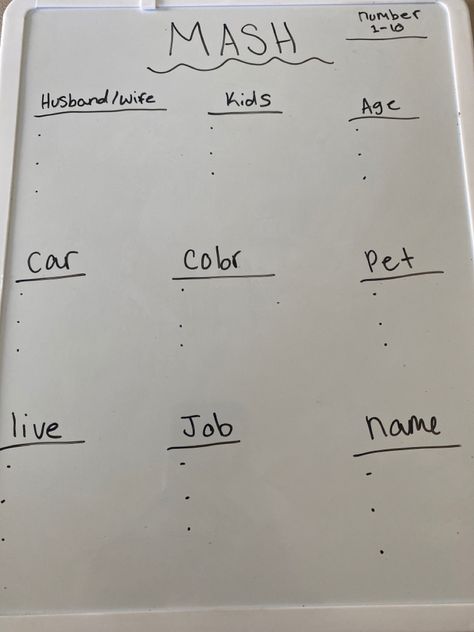 This is the game at mash and here’s how you play. First your name three people he would like to marry then list how many kids you would like (3) then you would decide what ages you would want to get married at then decide what kind of car you would like and what color it would be. Next you will decide three pets that you would like in the future. Then for some extra spice you can decide where you live, what kind of job you want, and what names you want for your children. Hope you enjoy this game How Many Kids, Got Married, Your Name, Getting Married, How Many, The Game, The Future, Color