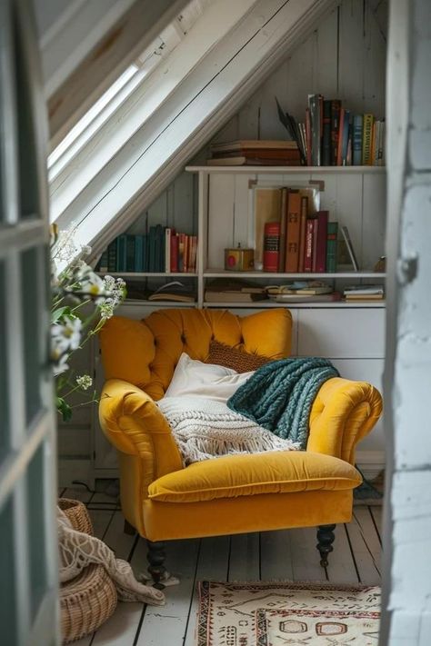 Attic Reading Nook: Cozy Corners Cozy Book Corner, Attic Reading Nook, Study Room Organization, Bedroom Reading Corner, Attic Room Ideas, Attic Decor, Reading Nook Kids, Attic Makeover, Attic Bedroom Designs