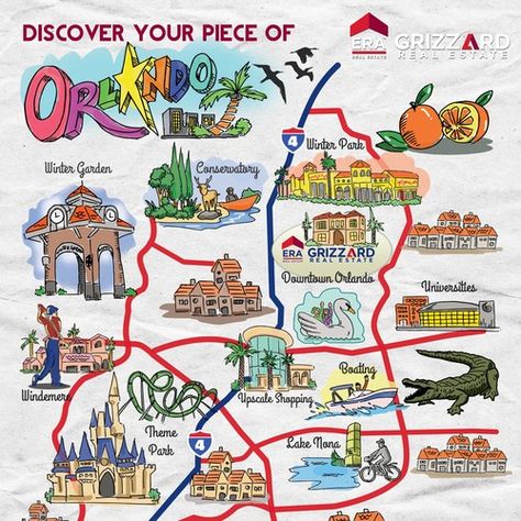 Runner-up design by karicartoon.com Downtown Disney Orlando, Orlando Map, Company Illustration, Cartoon Map, Orlando Trip, Disney Outfits Women, Orlando Travel, Downtown Orlando, Map Of Florida