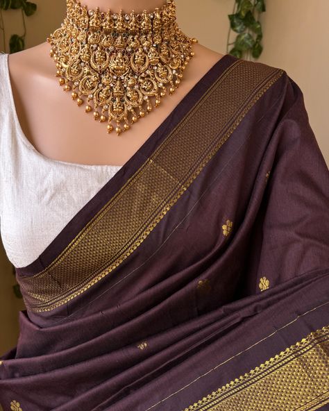 Www.thejacouture.in > Full Butta Traditional cotton silk saree > coffee brown cotton silk saree. . Saree Description: Coffee brown cotton silk saree with contrast zari border and butta all over. Comes with running blouse. Saree height: 46 inches. Saree length: 5.5 meters. Blouse : 80cm Care: Normal wash. priced:1450/- INR For for details and query direct message us❤️. . #saree #sareelove #sareelovers #sareeblouse #sareefashion #sareedraping #sareepact #sareeblousedesigns #sareeinspira... Full Length Blouse Designs Saree, Brown Silk Saree Contrast Blouse, Brown Saree With Contrast Blouse, Coffee Colour Saree, Brown Saree Look, Gold Saree With Contrast Blouse, Brown Saree Blouse, Coffee Brown Saree, Dark Brown Saree