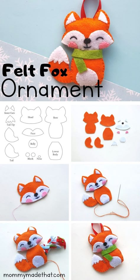 Fox Plushie Diy, Diy Fox Stuffed Animal, Felt Fox Christmas Ornaments, Free Felt Fox Pattern, Felt Fox Ornament Pattern, Fabric Christmas Tree Ornaments Sew, Fox Diy Crafts, Felt Figures Diy, Free Pattern Felt Animals