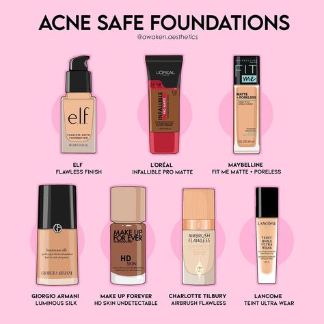 A few of my favorite acne safe foundations for acne prone skin. Acne safe means non-comedogenic and contains no pore clogging ingredients.… | Instagram Acne Prone Skin Care Products, Skin Care Routine Acne, Acne Prone Skin Care Routine, Acne Safe Makeup, Skin Care Routine Products, Safe Makeup, Instagram Skincare, Acne Prone Skin Care, Acne Makeup