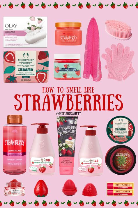 hello my pretties!! everything is linked under shop the look <333 ! strawberry + strawberry girl + body wash + strawberry milk + strawberry poundcake + body lotion + body scrub + self care + body + care + skin + shower routine + lip balm + sugar scrub + body lotion + lip scrub + skincare + gifts + gift ideas Fruity Shower Routine, Strawberry Shower Routine, Strawberry Mouthwash, Strawberry Body Care, Strawberry Body Scrub, Smell Like Strawberries, Strawberry Sugar Scrub, Self Care Body, Scrub Skincare