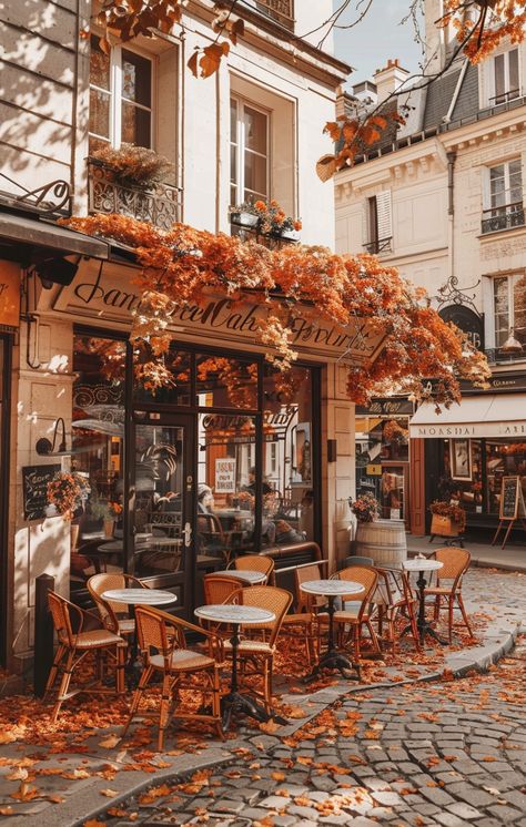 Coffee Aesthetic Autumn, Cafe Street Photography, Coffee Shop Autumn, Paris In Fall Aesthetic, Cozy Iphone Wallpaper, Paris Cafe Photography, Fall Coffee Aesthetic, Fall Astethic, Fall Places