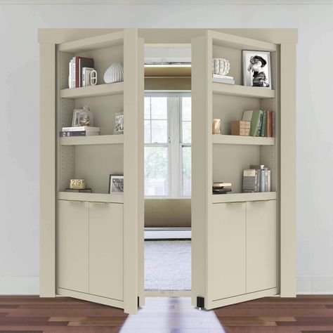 EcoCrafted French Murphy Door Bookcase – Murphy Door® Hidden Room Door Ideas, Built Ins Around Off Center Window, Closet Door Bookcase, Wall With Door Design, Double Murphy Door, Bookcase Closet Door, Bookcase Ideas Living Room, Murphy Bookcase Door, Murphy Bookshelf Door