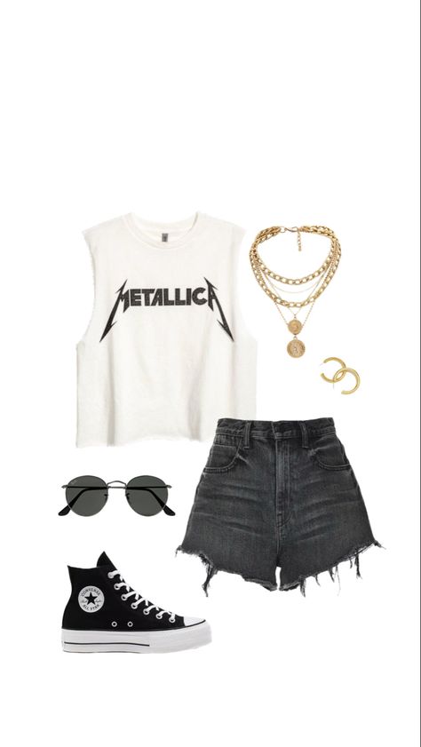 Comfy Rock Concert Outfit, Sleeveless Band Tee, Metallica Tshirt Outfits, Metallica Shirt Outfit Women, Summer Metal Concert Outfit, Metallica Concert Outfit Ideas, Metallica Outfit Women, Edgy Fashion Summer, Metallica Concert Outfit Women