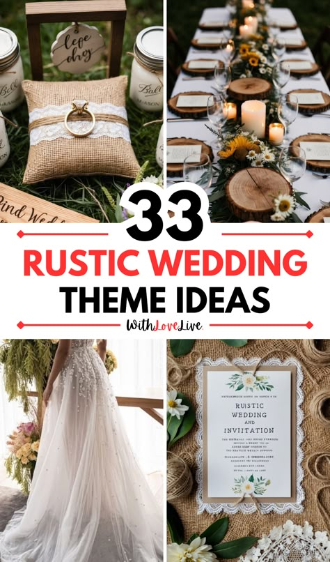 Make your rustic wedding unforgettable with these charming ideas! 🌻💫 Explore creative decor like wooden signage, lush greenery, and vintage details that give your celebration a warm, welcoming vibe. Save this pin for the best rustic wedding inspiration! 📌🌸 Earth Tones Wedding Decor, Rustic Charm Wedding, Wooden Wedding Ideas, Rustic Country Wedding Ideas Decoration, Wedding Theme Ideas Rustic, Simple Rustic Fall Wedding, Wedding Decoration Inspiration, Cottage Core Wedding Ideas, Vintage Wedding Ideas On A Budget