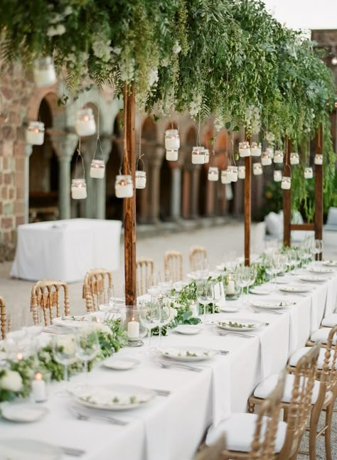 candles hanging from a centerpiece Garland Wedding Decor, Rustic Wedding Decorations, Chateau Wedding, בר מצווה, Garland Wedding, Long Table, Wedding Tablescapes, Garland Decor, Wedding Candles