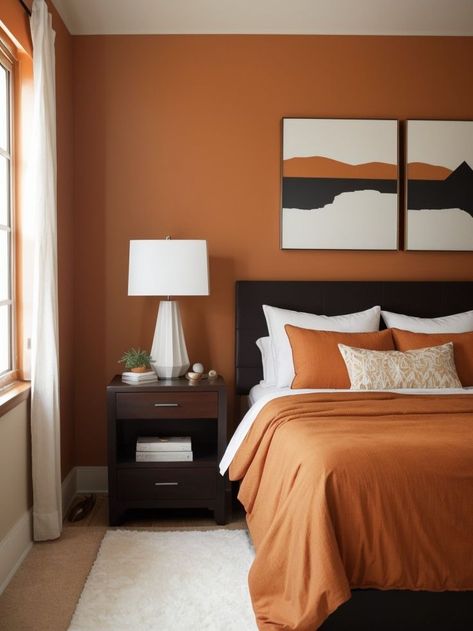 Orange Bedroom Walls, Fuzzy Rugs, Orange Bedroom Ideas, Burnt Orange Bedroom, Orange Accent Walls, Burnt Orange Decor, Orange Bedroom Decor, Plush Bedding, Orange Bedroom